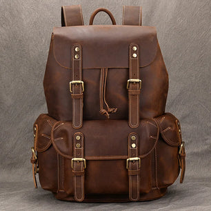 Men's Genuine Leather String Closure Solid Pattern Backpack