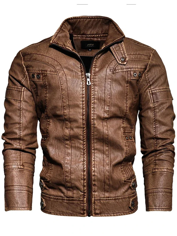 Men's PU Turn-Down Collar Full Sleeves Zipper Closure Jacket