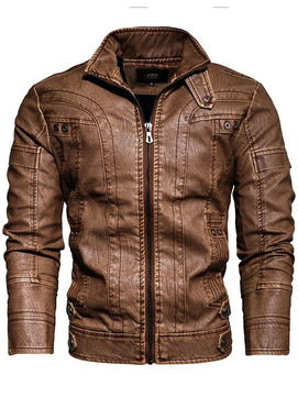 Men's PU Turn-Down Collar Full Sleeves Zipper Closure Jacket