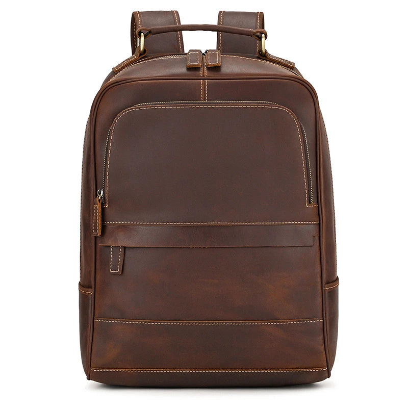 Men's Genuine Leather Zipper Closure Solid Pattern Backpack