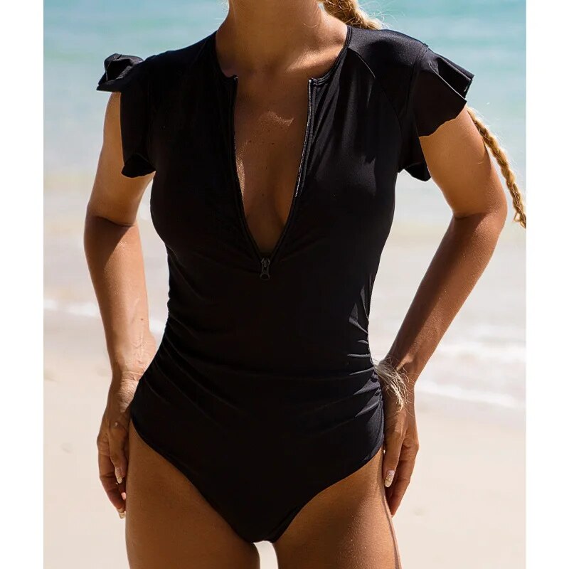 Women's Spandex Short Sleeves Solid Pattern One Piece Swimwear