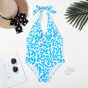 Kid's Polyester V-Neck Leopard Pattern Trendy Swimwear One-Piece