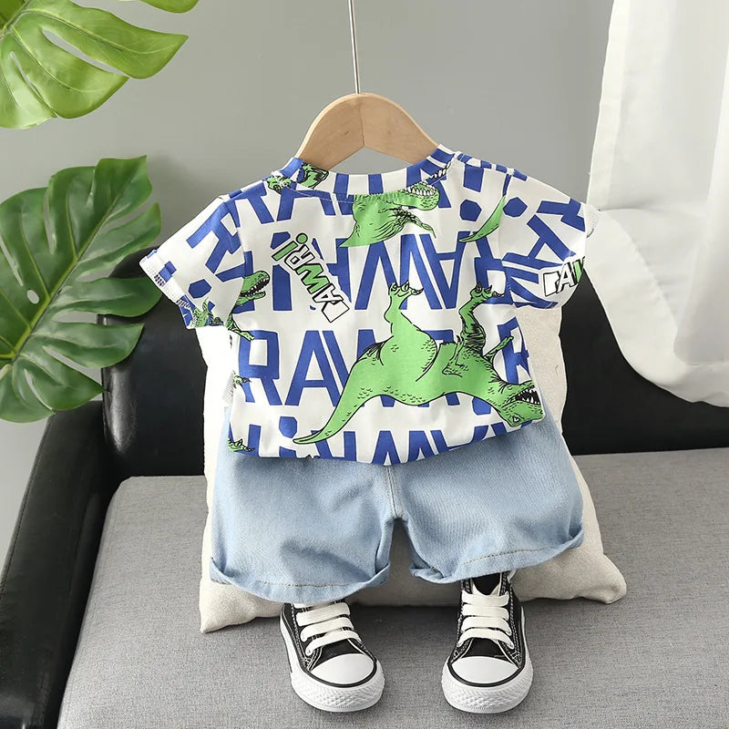 Kid's Boy Cotton O-Neck Short Sleeves Swimwear Two-Piece Suit