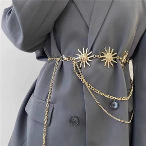Women's Metal High Waist Buckle Closure Floral Pattern Chain Belts