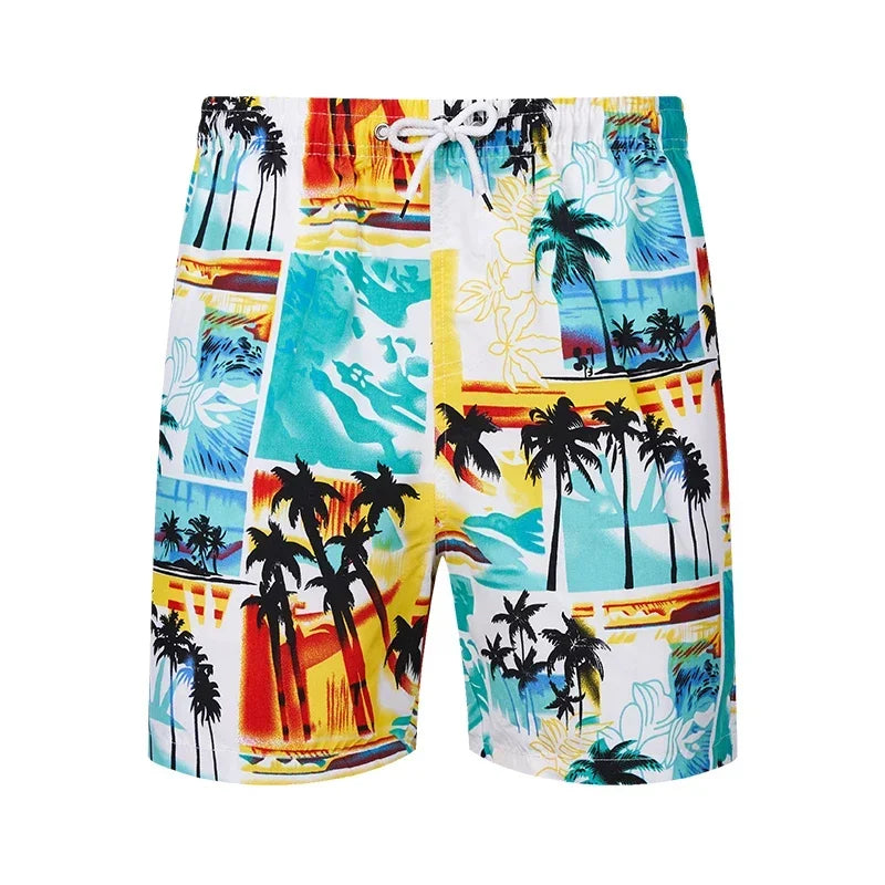 Men's Polyester Drawstring Closure Printed Pattern Swimwear Shorts