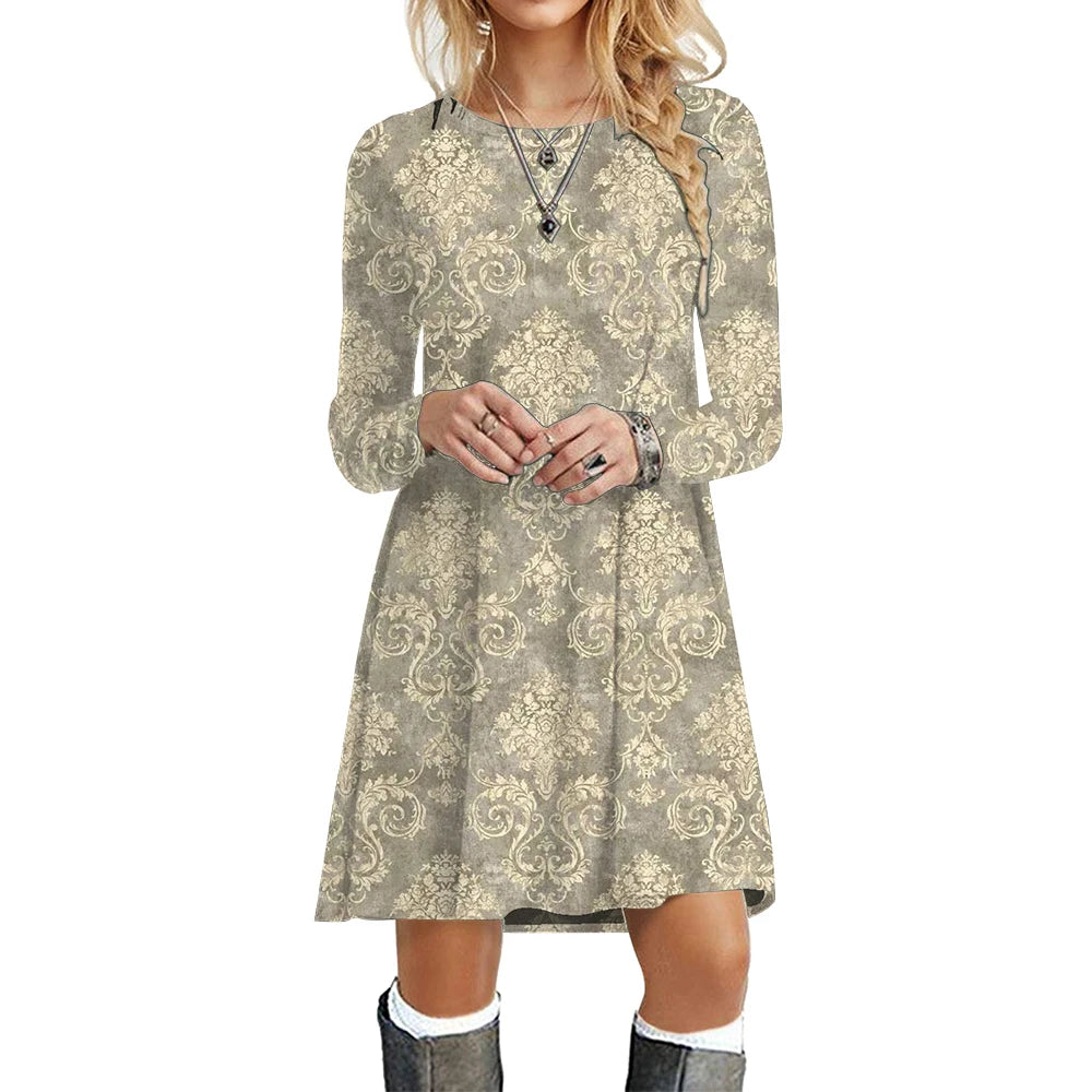 Women's Polyester O-Neck Long Sleeves Mini Casual Wear Dress