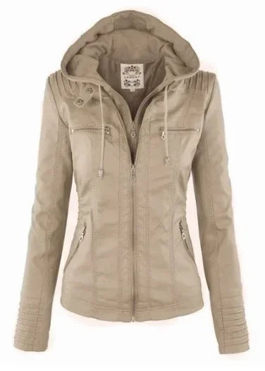 Women's Faux Leather Long Sleeves Solid Pattern Hooded Jacket