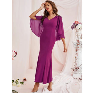 Women's V-Neck Polyester Long Sleeve Plain Pattern Party Dress