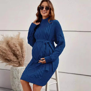 Women's Polyester O-Neck Long Sleeves Solid Maternity Dress