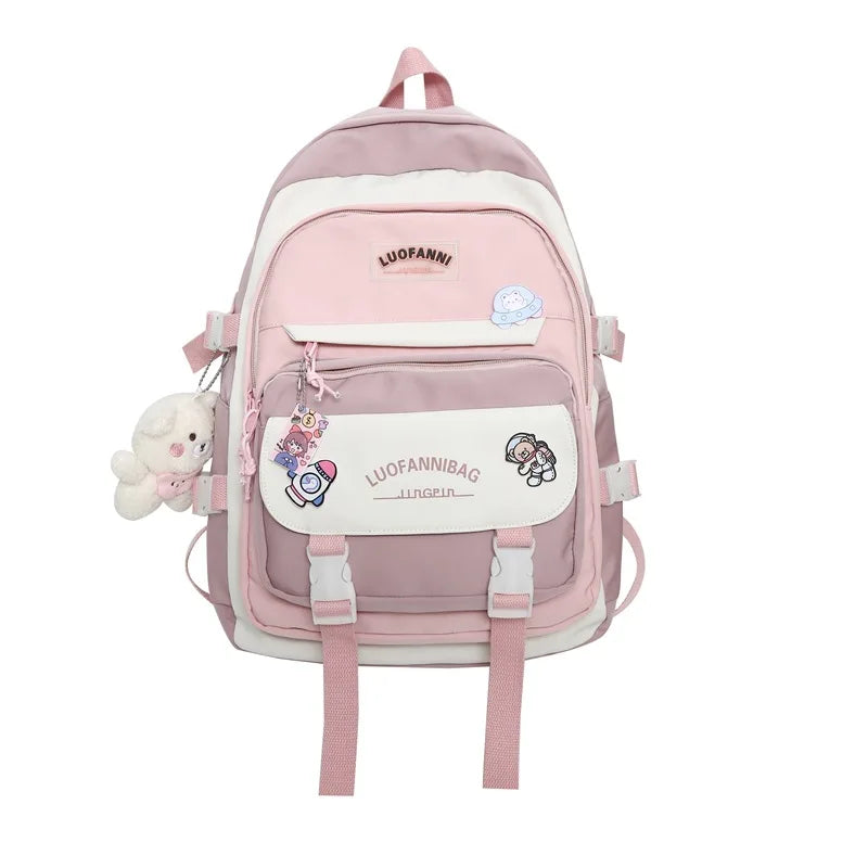 Kid's Girl Nylon Zipper Mixed Colors Pattern School Backpack