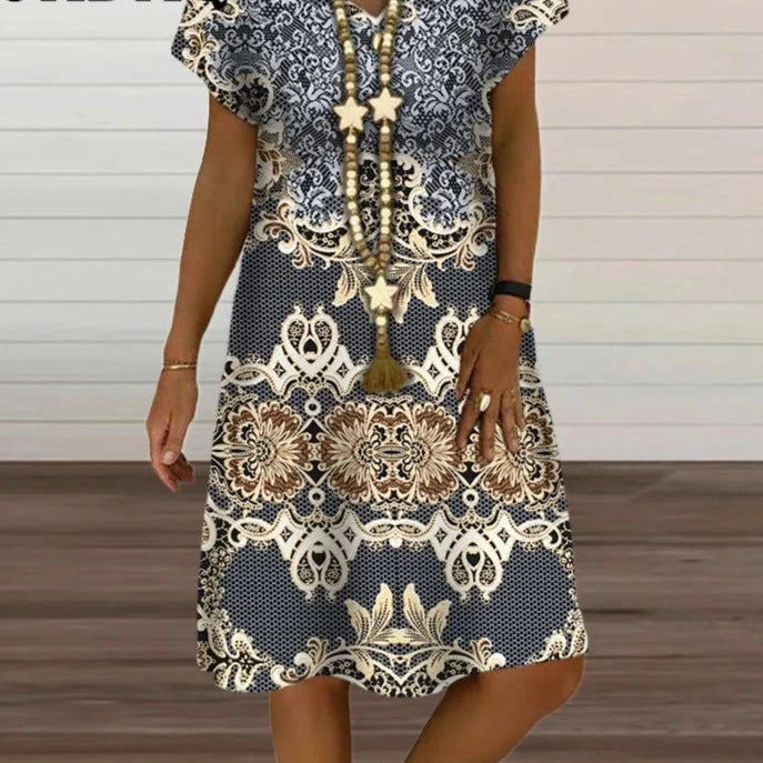 Women's Spandex V-Neck Short Sleeves Printed Sexy Party Dress