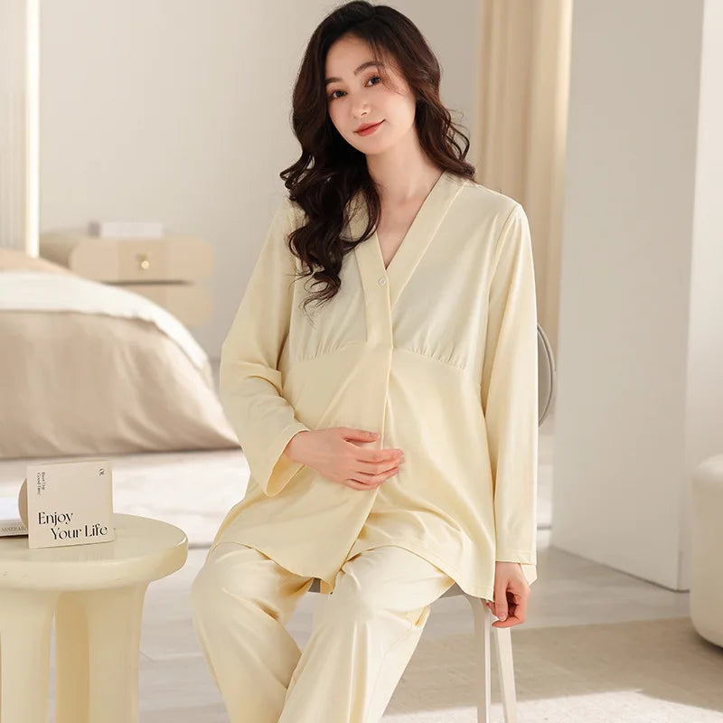 Women's Cotton Long Sleeves Breastfeeding Solid Maternity Dress