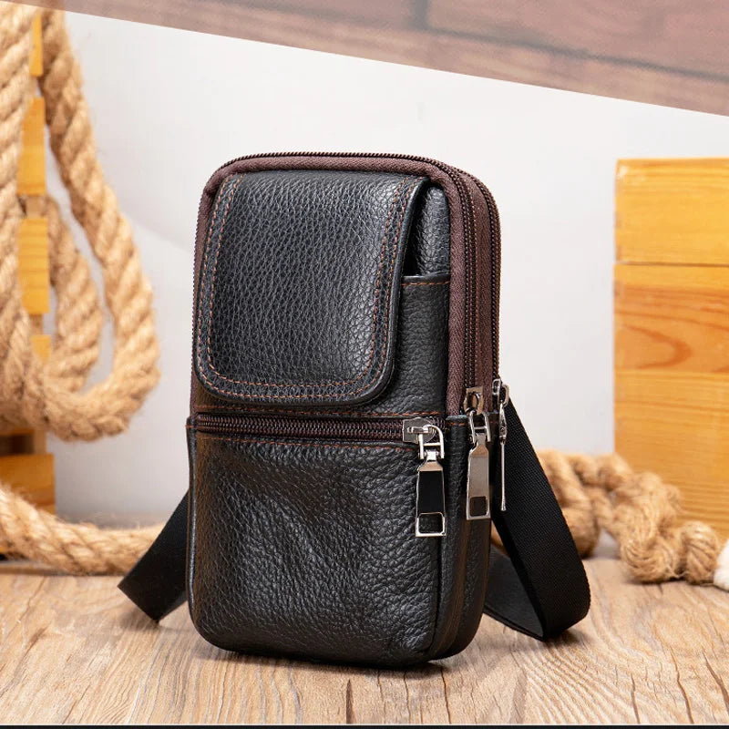 Men's Genuine Leather Zipper Closure Solid Pattern Shoulder Bag