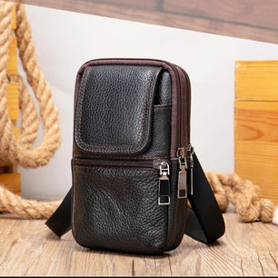 Men's Genuine Leather Zipper Closure Solid Pattern Shoulder Bag