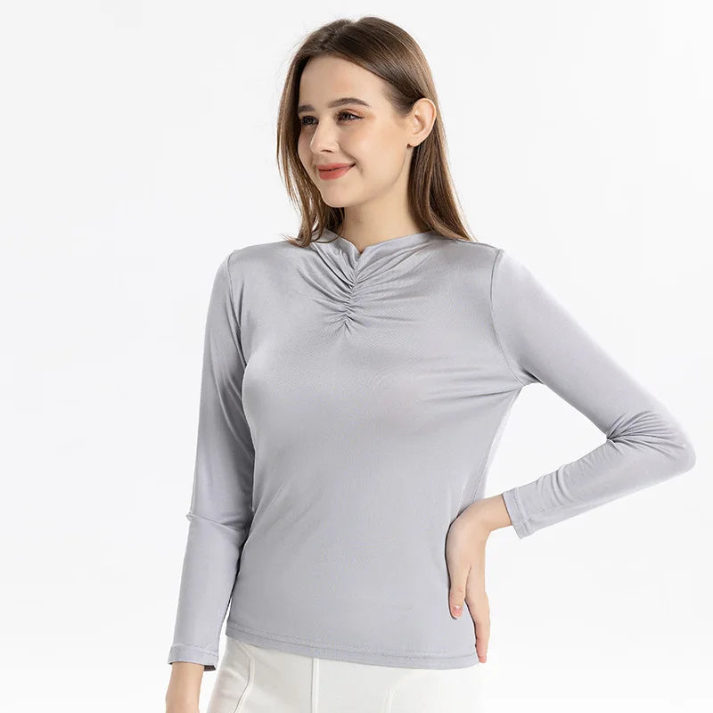 Women's Silk O-Neck Long Sleeves Solid Pattern Casual Blouse