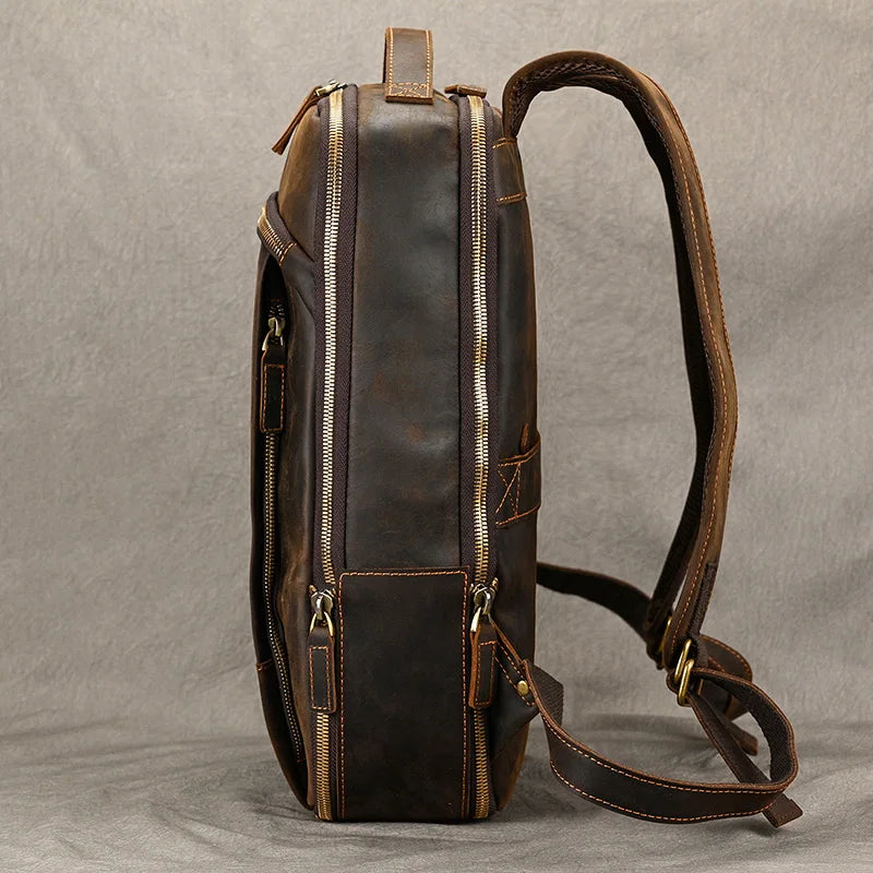 Men's Genuine Leather Zipper Closure Solid Laptop Backpack