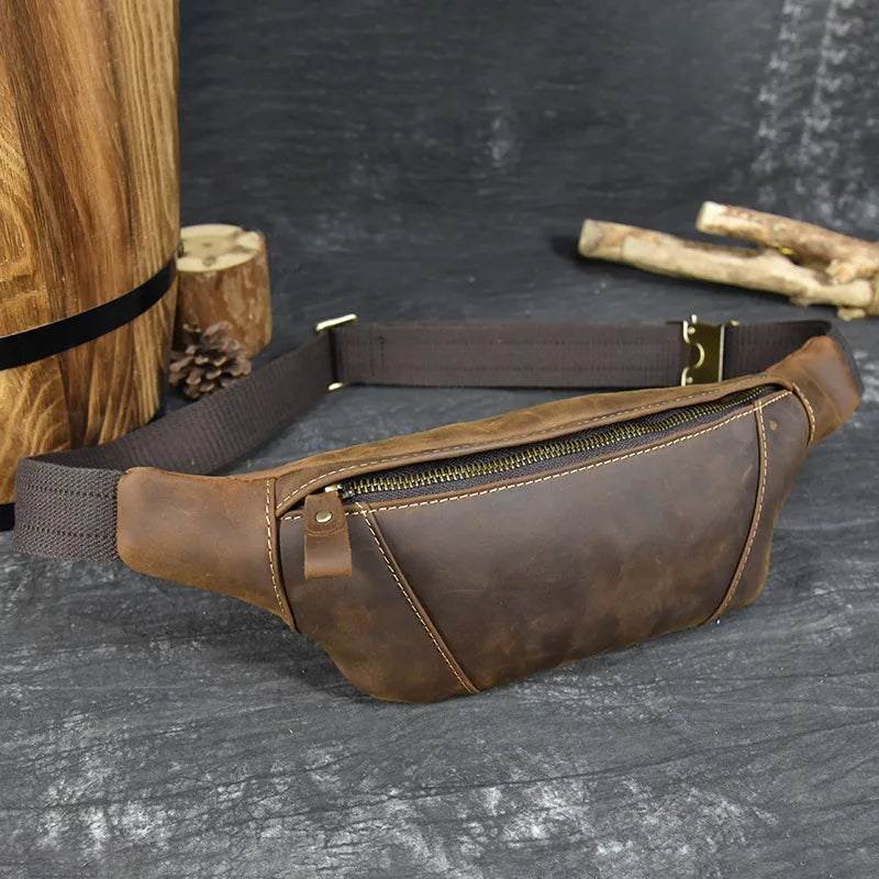 Men's Genuine Leather Solid Pattern Zipper Closure Waist Pack