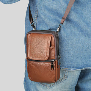 Men's Genuine Leather Zipper Closure Solid Pattern Shoulder Bag