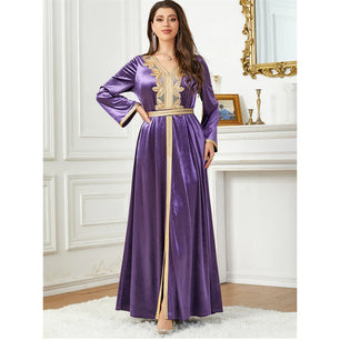 Women's Arabian V-Neck Polyester Full Sleeve Embroidery Dresses