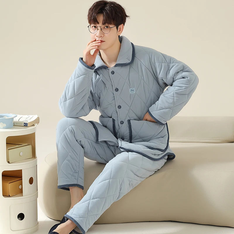 Men's Flannel Turn-Down Collar Full Sleeves Sleepwear Pajamas Set