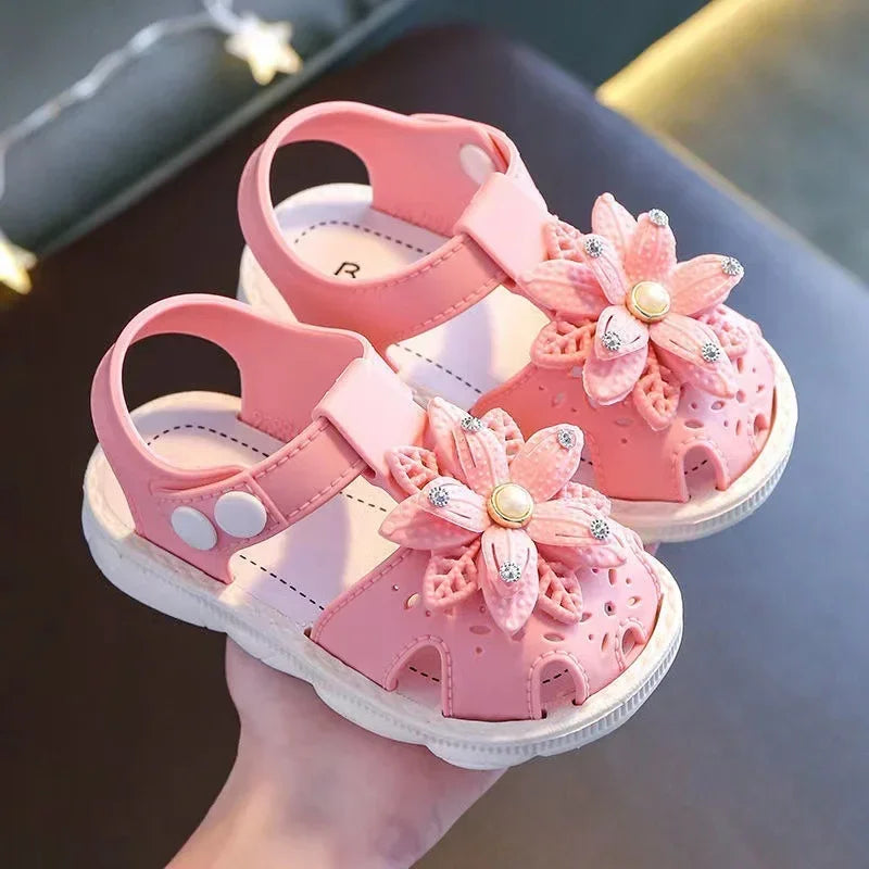 Kid's PVC Round Toe Hook & Loop Closure Flower Pattern Shoes