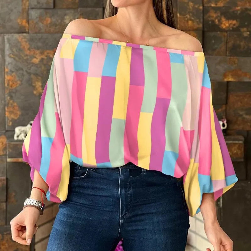 Women's Polyester Slash Neck Long Striped Pattern Casual Blouse