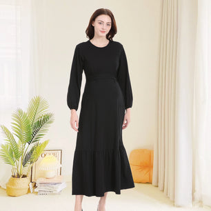 Women's Cotton O-Neck Long Sleeve Solid Pattern Maternity Dress