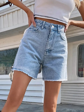 Women's Cotton High Elastic Waist Casual Wear Plain Denim Shorts