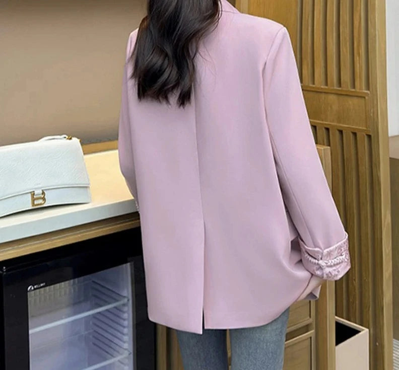 Women's Cotton Notched Long Sleeves Solid Pattern Casual Blazers