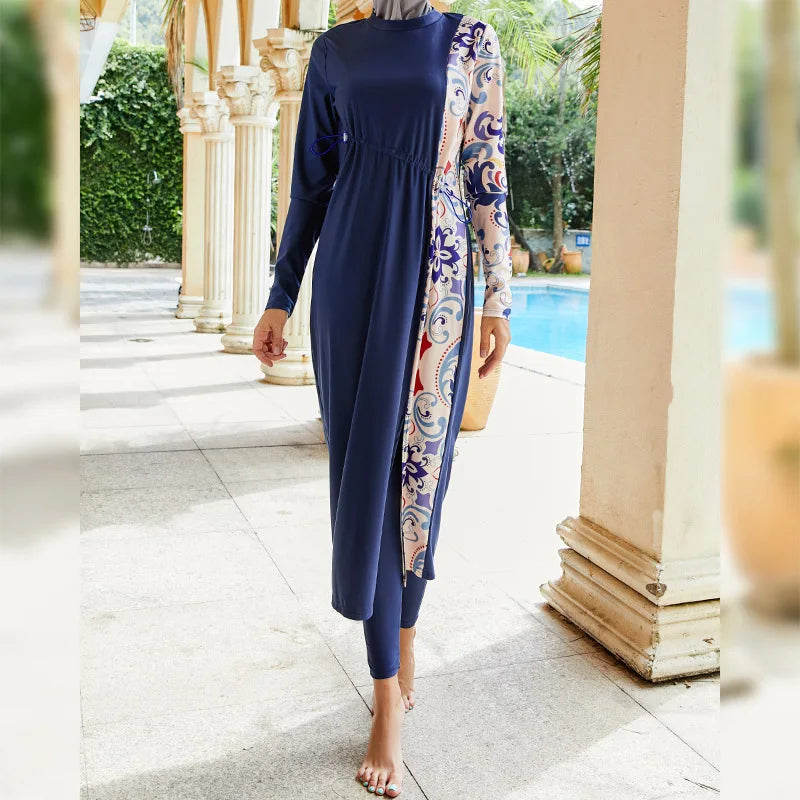 Women's Arabian Nylon Full Sleeves Floral Pattern Swimwear Dress