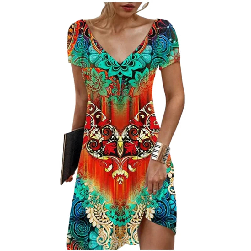 Women's Polyester V-Neck Short Sleeves Printed Pattern Dress