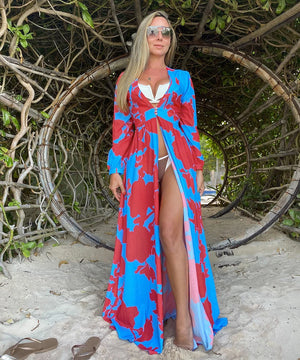 Women's Polyester Deep V-Neck Printed Pattern Bathing Cover Up