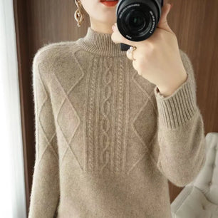 Women's Acrylic Mock-Neck Full Sleeves Knitted Pattern Sweater