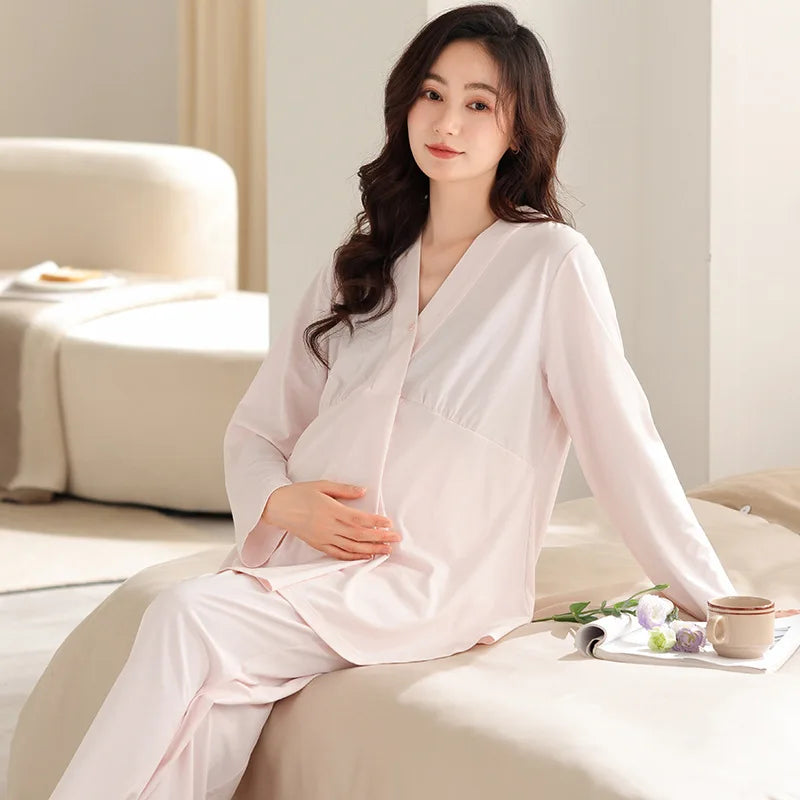 Women's Cotton Long Sleeves Breastfeeding Solid Maternity Dress