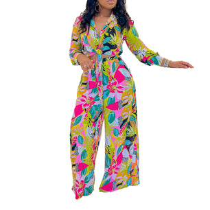 Women's Polyester Turn-Down Collar Long Sleeves Printed Jumpsuit