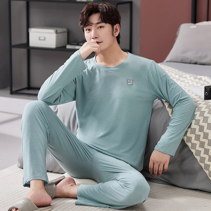 Men's Cotton O-Neck Long Sleeves Trendy Sleepwear Pajamas Set