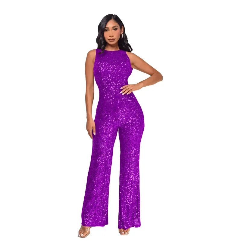 Women's Polyester O-Neck Sleeveless Sequined Pattern Jumpsuit