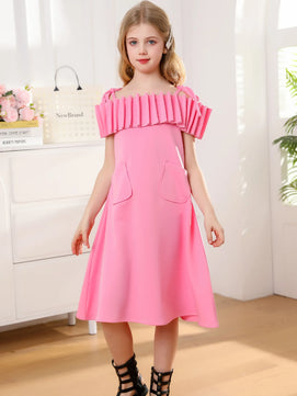 Kid's Girl Polyester Sleeveless Pleated Pattern Princess Dress