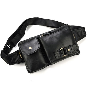 Men's Genuine Leather Solid Pattern Zipper Closure Waist Pack