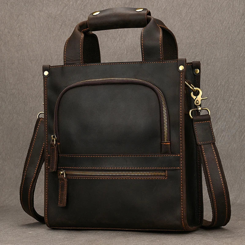 Men's Genuine Leather Solid Pattern Trendy Laptop Shoulder Bag