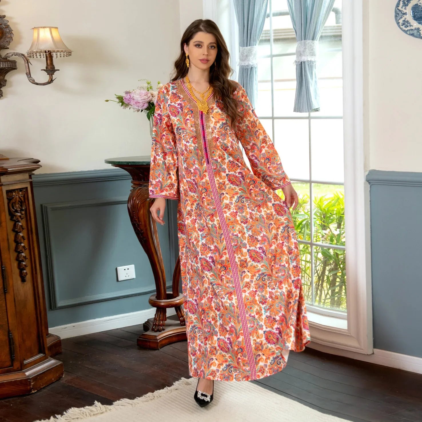 Women's Arabian Polyester Full Sleeve Floral Pattern Casual Dress