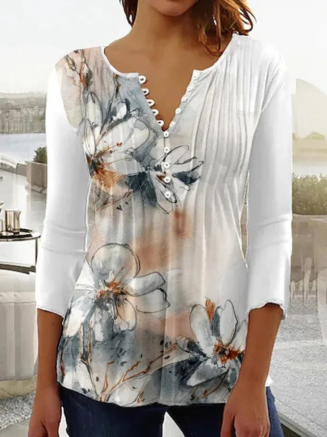 Women's Polyester V-Neck Long Sleeves Floral Pattern Mini Blouse