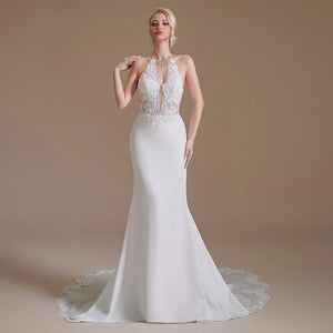 Women's V-Neck Sleeveless Chapel Train Backless Wedding Dress