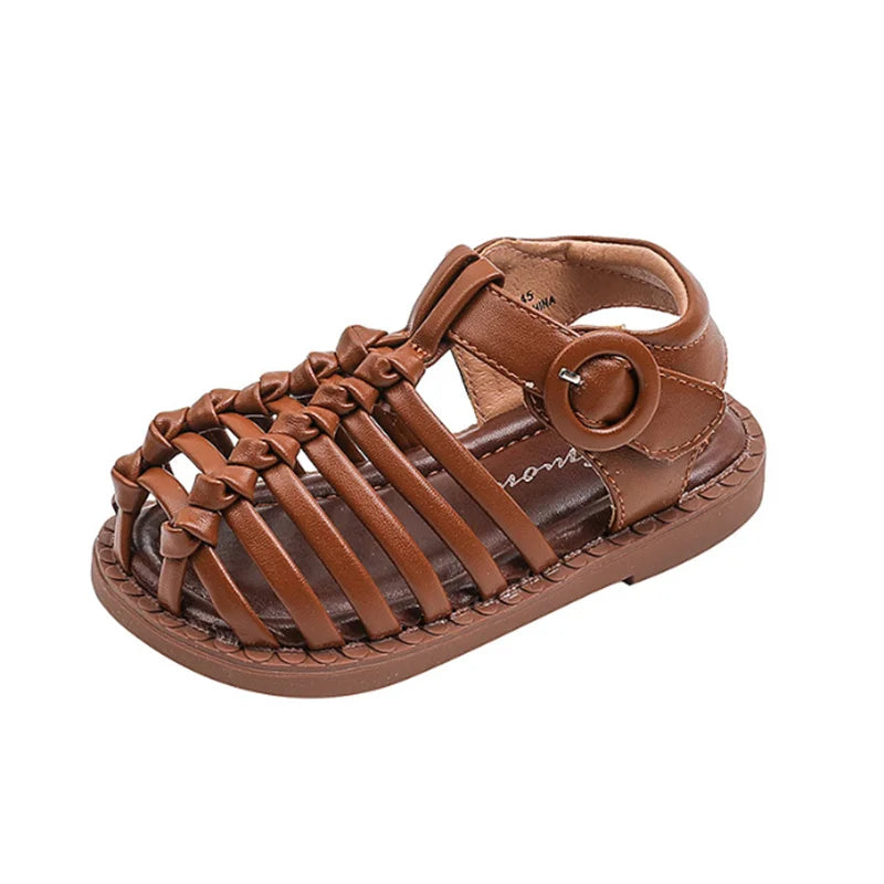 Kid's Leather Round Toe  Hook Loop Closure Solid Pattern Sandals