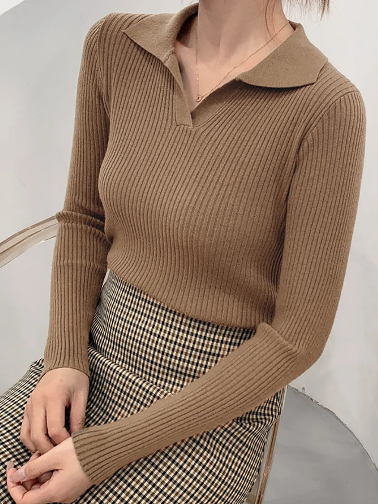 Women's Polyester Turn-Down Collar Long Sleeves Solid Sweater