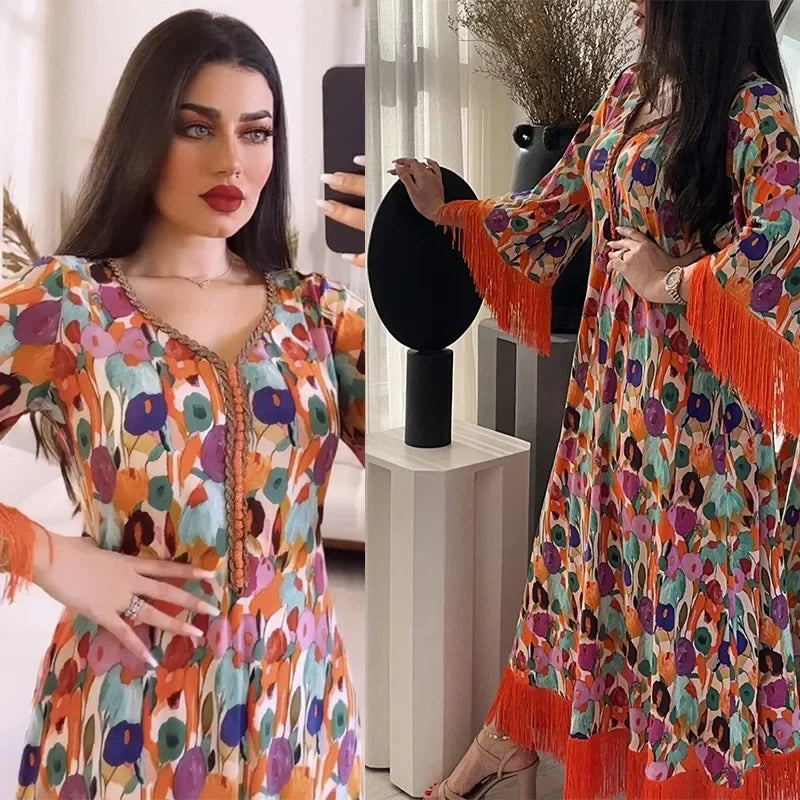 Women's Arabian Polyester Full Sleeve Floral Pattern Casual Dress