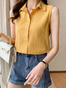 Women's Polyester Turn-Down Collar Sleeveless Casual Wear Blouse