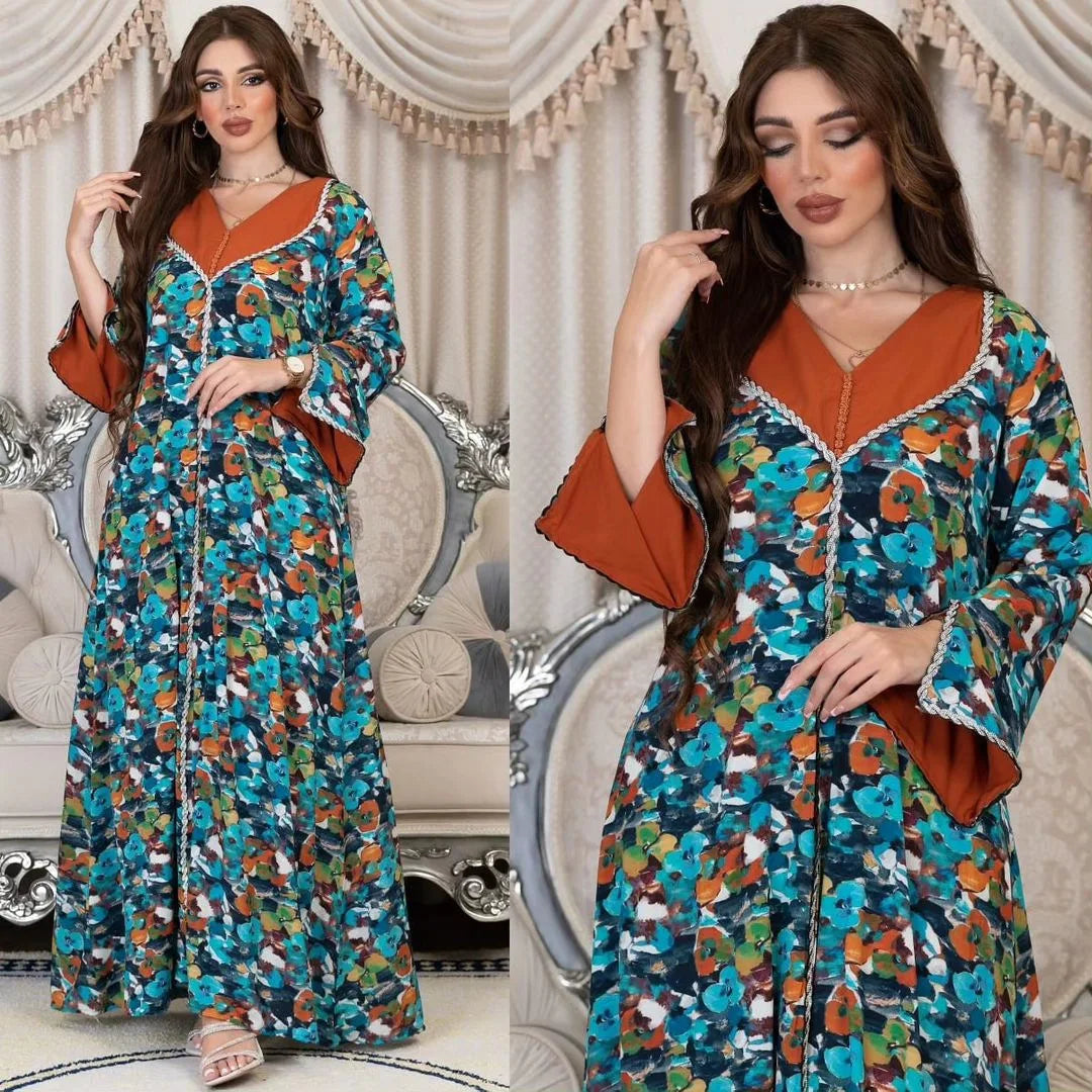 Women's Arabian Polyester Full Sleeve Floral Pattern Casual Dress