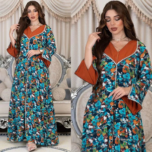 Women's Arabian Polyester Full Sleeve Floral Pattern Casual Dress