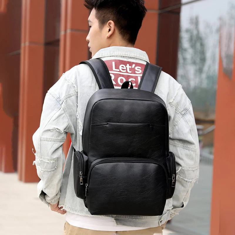 Men's PU Leather Zipper Closure Waterproof Laptop Backpack